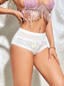 SHEIN ICON 女士夏季音樂會節慶穿搭時尚網布和鑽石拼接短褲 - 白色 - 查看 1