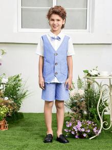 SHEIN Tween Boy Elegant 2 In 1 Turn Down Collar Short Sleeve Shirt And Shorts Set, Gentleman Style - Baby Blue - View 2