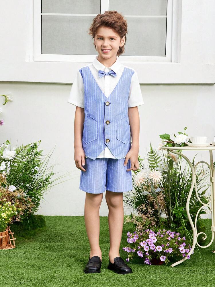 Tween Boy Elegant 2 In 1 Turn Down Collar Short Sleeve Shirt And Shorts Set, Gentleman Style