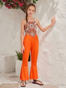 SHEIN Tween Girl Paisley Print Cami Top And Bell-Bottoms Vacation Two Pieces Set - Orange - View 6