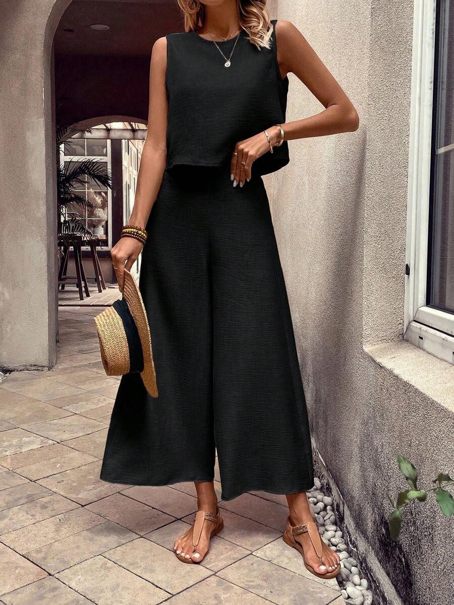 SHEIN LUNE Women's Solid Color Round Neck Vest And Wide Leg Pants Two Pieces Set - Black - View 1