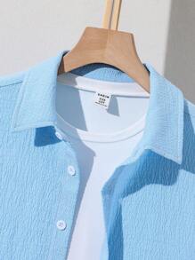 SHEIN Tween Boy Loose Fit Casual Solid Texture Turn-Down Collar Woven Short Sleeve Shirt, Suitable For Summer