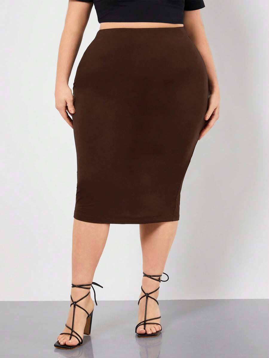 SHEIN BASICS Hơn Cao eo Váy bút chì - Màu nâu Sô-cô-la - Xem 1