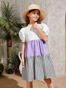 SHEIN Tween Girl Woven Striped Button Detail Vacation Mini Dress