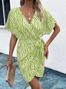 SHEIN Clasi Bọc Thắt lưng Ngựa vằn Mô hình Đầm - Màu Mù tạt vàng - Xem 5