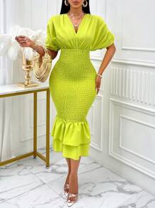 SOLERSUN Deep V Neck Batwing Sleeve Surplice Neck Shirred Unitard Dress Shirred  Double Layer Ruffle Hem - Green - View 1