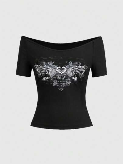 Fairycore T-shirt d"été pour femmes avec épaules dénudées, manches courtes en vigne, ailes et cœur