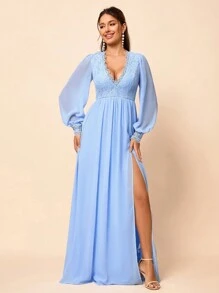 SHEIN Belle Long Sleeve High Slit Wedding Dress, Wedding Guest Dress