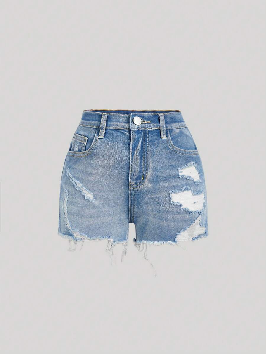 SHEIN Tween Girl Spring Summer Boho Casual Distressed Denim Shorts With Slanted Pockets,Summer - Light Wash - View 1