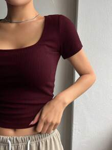 Camiseta de manga corta de unicolor casual, versátil para el verano - Burdeos - Ver 3