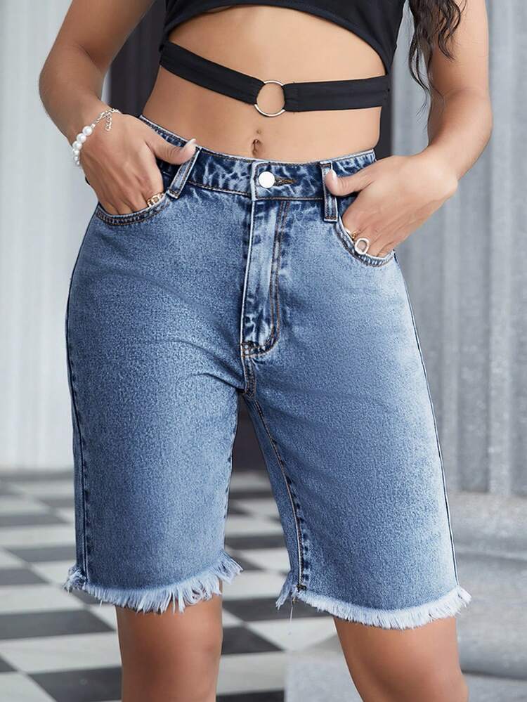 High Waist Raw Trim Denim Shorts - Medium Wash - View 1
