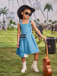 SHEIN Young Girl Music Festival Casual Academy Style Pleated Splicing Strap Dress Suitable For Daily, Parties, Beach Vacations, Graduation Season, Summer