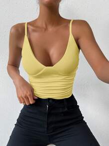 Chiquease Pleated Deep V-Neck Camisole Tank Top, Summer - Yellow - View 5