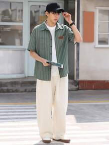 DAZY Men's Striped Button-Front Short Sleeve Shirt With Letter Patch, Summer