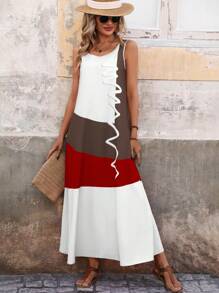 EMERY ROSE Sleeveless Printed Color Block Dress For Women, Pocket-Free, Summer Maxi Women Outfit