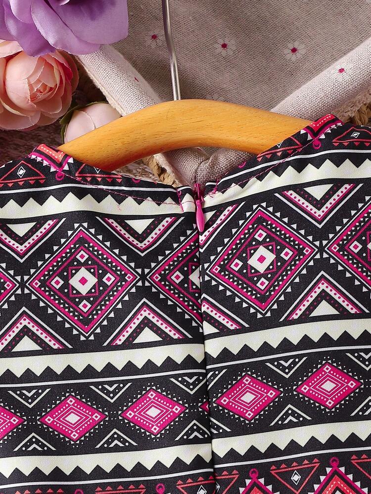 Baby Girl Fashionable Vintage Geometric Print Patchwork Bubble Sleeve Dress For Summer