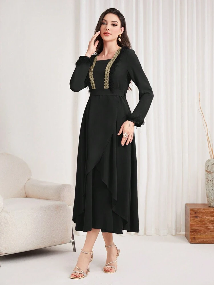 Patchwork Lace Trims & Ribbon Detail Square Neckline Belted Dress