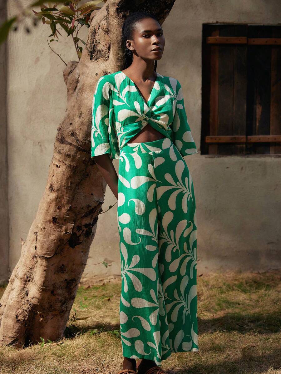 Maija Women's Printed Twist Knot Back Hollow Out Wide Leg Jumpsuit - Green - View 1
