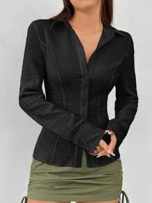 SHEIN EZwear Camisa Casual Negra De Manga Larga Para Mujer Para La Primavera - Negro - Ver 4