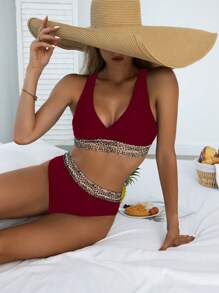 SHEIN Swim Women's Leopard Splice Two-Piece Bikini Set Summer Beach