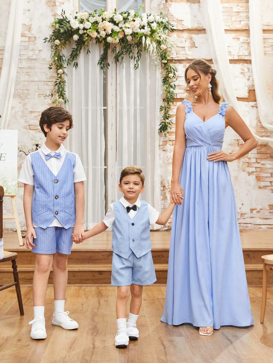 SHEIN Tween Boy Elegant 2 In 1 Turn Down Collar Short Sleeve Shirt And Shorts Set, Gentleman Style - Baby Blue - View 1