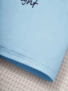 SHEIN Tween Girl Dệt kim Khẩu hiệu dễ thương & Áo yếm in lông mi trên và quần short Bộ đồ mặc nhà thông thường - Màu xanh nhạt - Xem 4