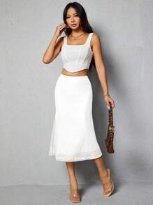 SHEIN PETITE Váy viền nàng tiên cá màu trơn dành cho nữ - trắng - Xem 6