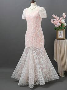 SHEIN Tween Girl Elegant Pink Short Sleeve Long Formal Dress Suitable For Parties, Banquets, Birthdays, Etc. - Baby Pink - View 5