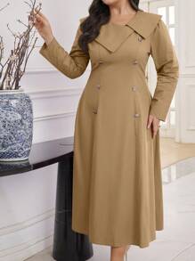 Modelyn Vestido de unicolor de talla grande con cuello asimétrico y bajo de campana - Albaricoque - Ver 7