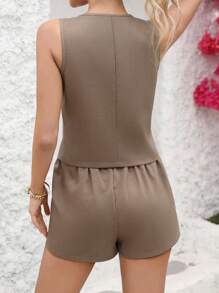 Chiquease Women's Solid Color Casual Version V-Neck Sleeveless Suit Vest With Beltless Short Suit, Great For Summer