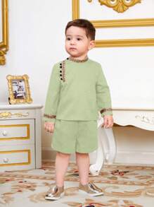 SHEIN Baby Boy Patchwork Weave Band Collar Shirt And Shorts Set - Green - View 5