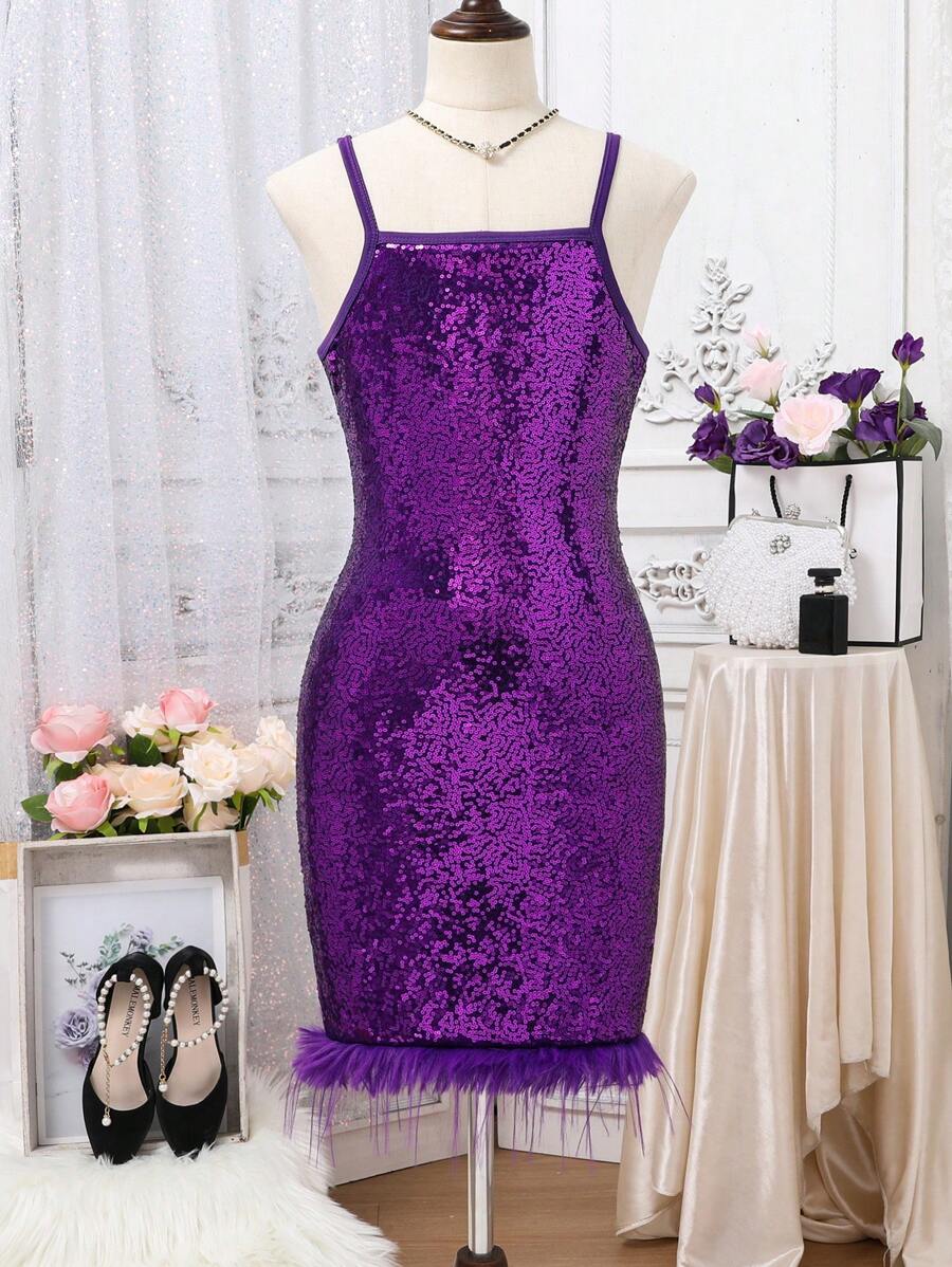 SHEIN Vestido Elegante com Ombros à Mostra e Acabamento de Penas Roxo para Meninas Pré-Adolescentes, Vestido para Ocasiões Formais como Festa de Aniversário, Baile de Formatura, Casamento
