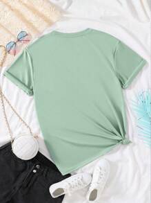 Sparklyn Tween Girl Mint Green Round Neck Cat Paw Print Graphic Tee, Flattering Suitable For School, Commute, Hangout With Friends, Dates, Ins Style Summer Holiday - Green - View 2
