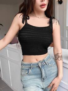 SHEIN Unity Camiseta Tejida De Tirantes De Color Sólido Para Mujer Con Nudo En El Hombro - Negro - Ver 6