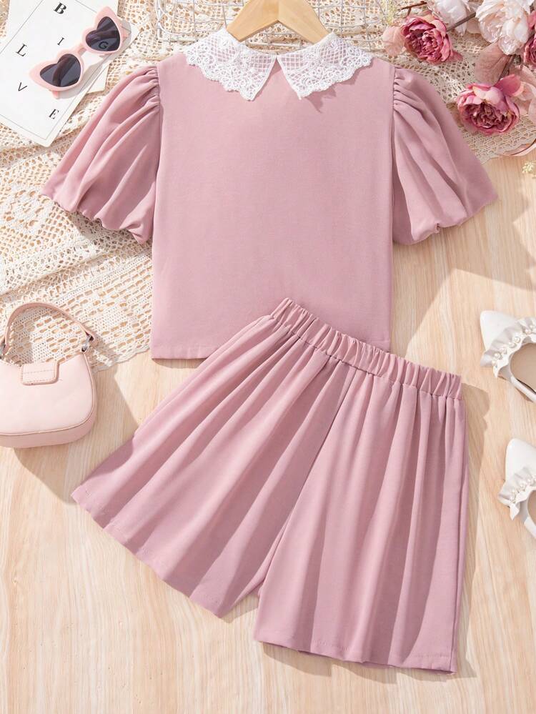 Tween Girls' Sweet And Cute Lace V-Neck Puff Sleeve Shirt With Shorts Set For Summer