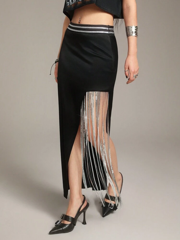 Women's Fashionable Fringed Hem Skirt With Patchwork Design, Versatile Style
