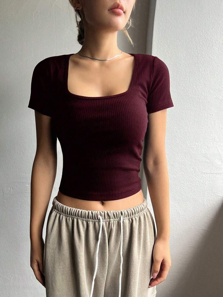 Solid Color Turn Down Collar Tight-Fitting Short Sleeve T-Shirt,Crop Tops Women Cute Tops