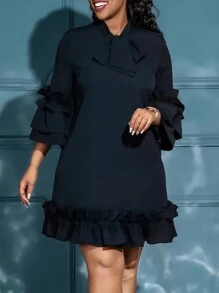 Vestido Con Dobladillo Con Volantes Y Cintura Con Escote Anudado De Color Liso De Talla Grande - Negro - Ver 1