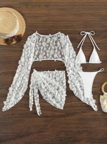 Swim SXY Ensemble bikini 4 pièces en dentelle unie de couleur pour femme plage été, micro triangle