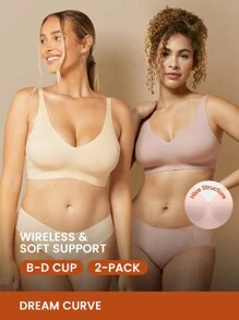 LUVLETTE Dream Curve 2ndSkin Wireless Seamless Plunge Lounge T-Shirt Lingerie As Outerwear Sticky Bra No Show Underwear 2 Pack