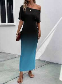 EMERY ROSE Women's Fashion Blue-Black Ombre Short Sleeve Asymmetrical Neck Dress