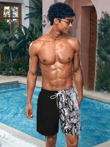 Surfspeed Men's Drawstring Printed Splice Fashionable Beach Shorts (Random Cut) - Black and White - View 4