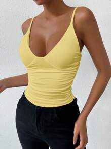 Chiquease Pleated Deep V-Neck Camisole Tank Top, Summer - Yellow - View 4