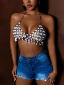 Rave Lễ hội Đầy màu sắc Pha lê Nghệ Embellished Không lưng Fringe Hem Dây Bustier Câu lạc bộ Mùa vụ Mini Áo - Nhiều màu - Xem 6