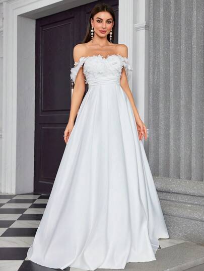 Mgiacy Elegant Off Shoulder Floral Applique Patchwork Satin Maxi Bridal Shower Dress Wedding Dress, Bride, For Valentine's Day