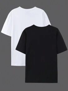 Manfinity Hypemode Männer Stern & Buchstabe Gedrucktes Rundhals T-shirt - Schwarz und Weiss - Übersicht 2