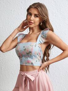 SHEIN Privé Floral Print Square Neckline Backless Cross-Tied Top, Suitable For Daily Life And Vacation