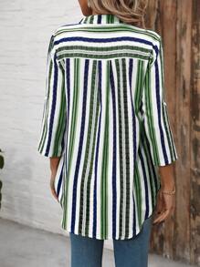 SHEIN LUNE Sọc Tay áo cuộn lên Giải trí Áo sơ mi - màu xanh lá - Xem 2