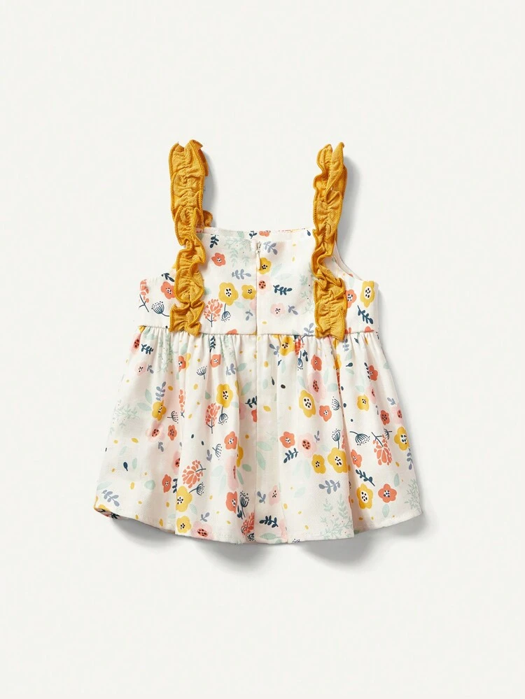 Baby Girl Flower Patterned Ruffle Trim Color Block Tank Top And Solid Colored Shorts 2pcs/Set, Suitable For Summer