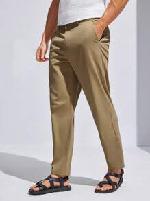 Manfinity Homme Men's Casual Straight-Leg Suit Pants With Diagonal Pockets - Khaki - View 6